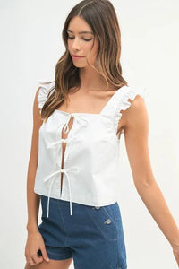 MABLE Poplin Ruffle Strap Front Self Tie Top - Brittney MADE