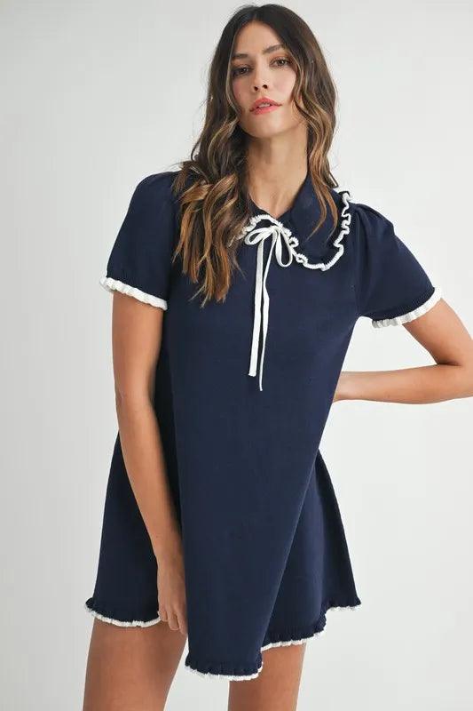 MABLE Ruffle Trimmed Collar Fine Knit Mini Dress - Brittney MADE