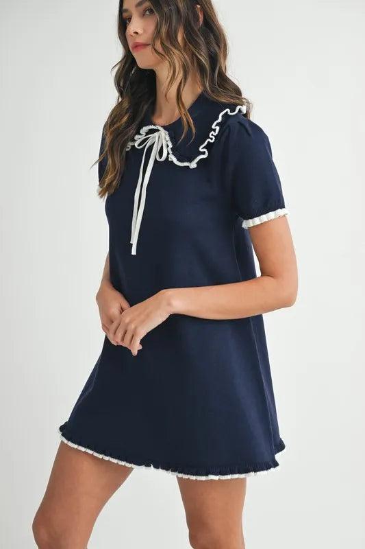 MABLE Ruffle Trimmed Collar Fine Knit Mini Dress - Brittney MADE