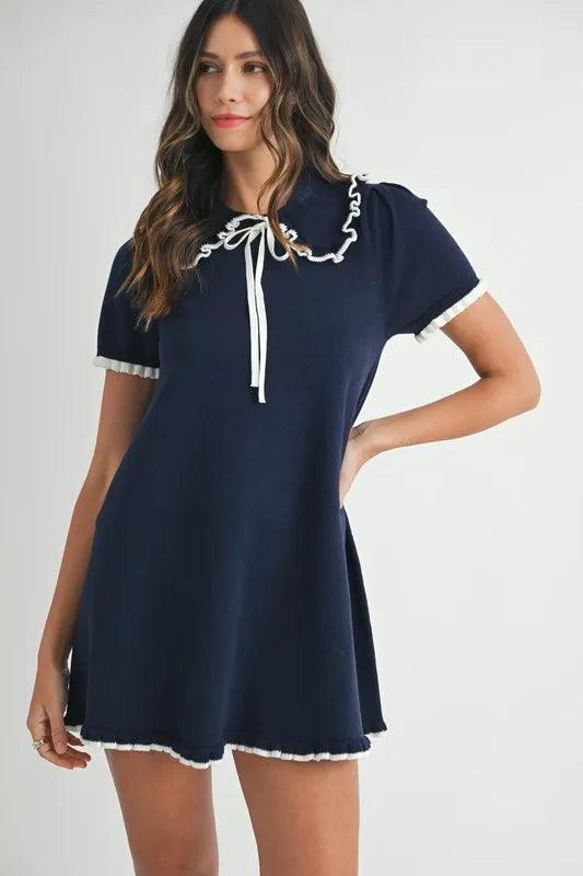 MABLE Ruffle Trimmed Collar Fine Knit Mini Dress - Brittney MADE