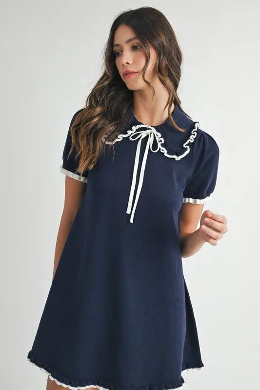 MABLE Ruffle Trimmed Collar Fine Knit Mini Dress - Brittney MADE