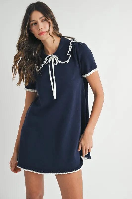 MABLE Ruffle Trimmed Collar Fine Knit Mini Dress - Brittney MADE