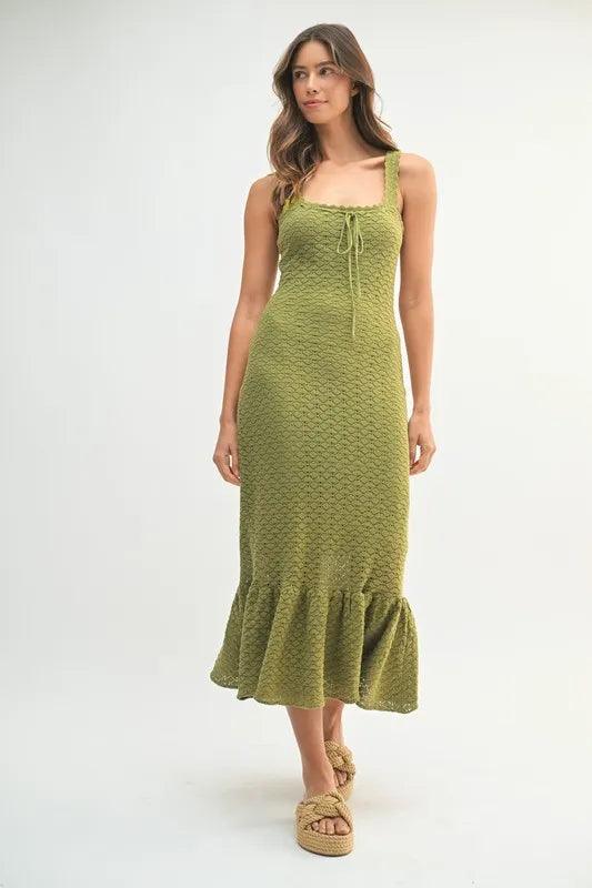 MABLE Ruffled Hem Sleeveless Crochet Knit Midi Dress - Brittney MADE
