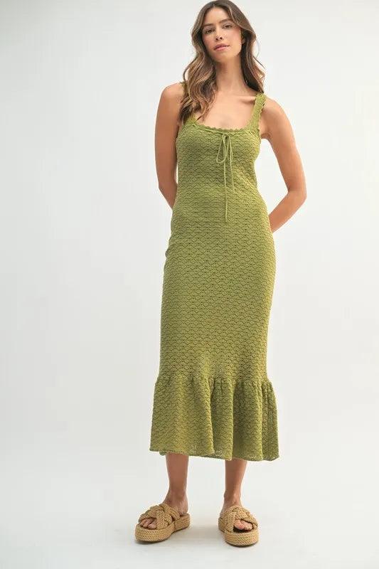 MABLE Ruffled Hem Sleeveless Crochet Knit Midi Dress - Brittney MADE