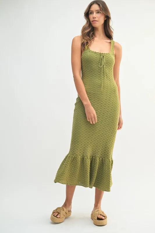 MABLE Ruffled Hem Sleeveless Crochet Knit Midi Dress - Brittney MADE