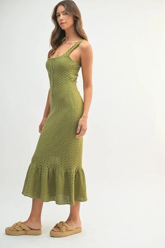 MABLE Ruffled Hem Sleeveless Crochet Knit Midi Dress - Brittney MADE