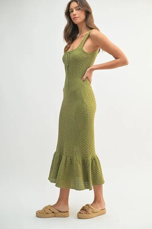 MABLE Ruffled Hem Sleeveless Crochet Knit Midi Dress - Brittney MADE
