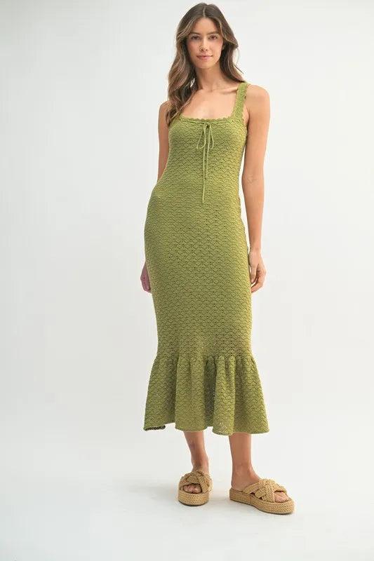 MABLE Ruffled Hem Sleeveless Crochet Knit Midi Dress - Brittney MADE