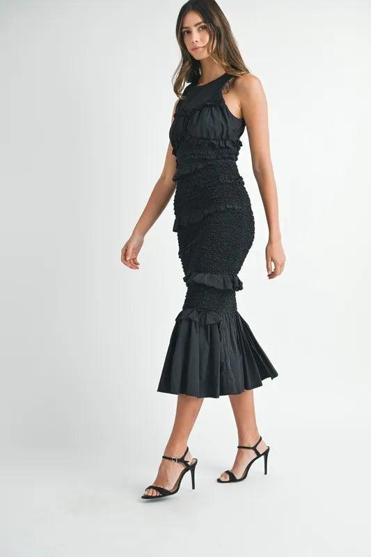 MABLE Ruffled Popcorn Smocked Mermaid Midi Dress - Brittney MADE