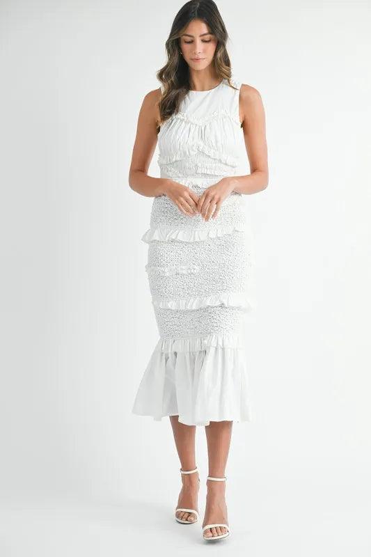 MABLE Ruffled Popcorn Smocked Mermaid Midi Dress - Brittney MADE