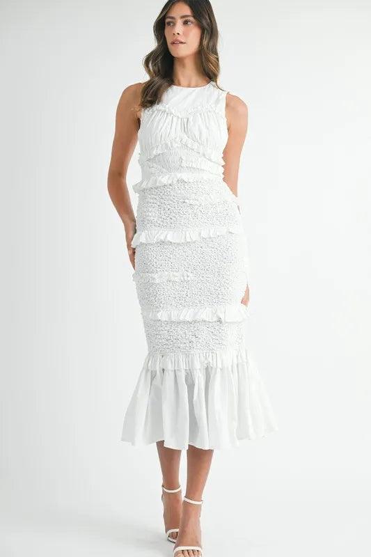 MABLE Ruffled Popcorn Smocked Mermaid Midi Dress - Brittney MADE