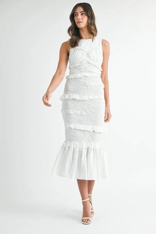 MABLE Ruffled Popcorn Smocked Mermaid Midi Dress - Brittney MADE