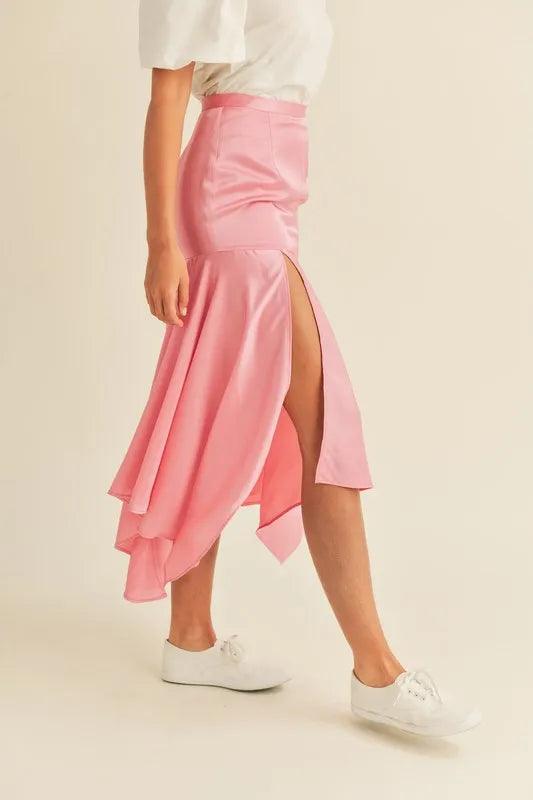 MABLE Satin Handkerchief Asymmetrical Hem Midi Skirt - Brittney MADE