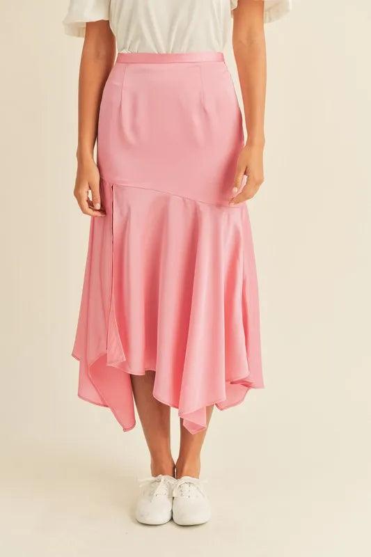 MABLE Satin Handkerchief Asymmetrical Hem Midi Skirt - Brittney MADE