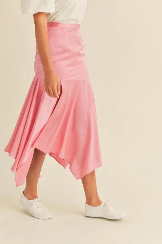 MABLE Satin Handkerchief Asymmetrical Hem Midi Skirt - Brittney MADE