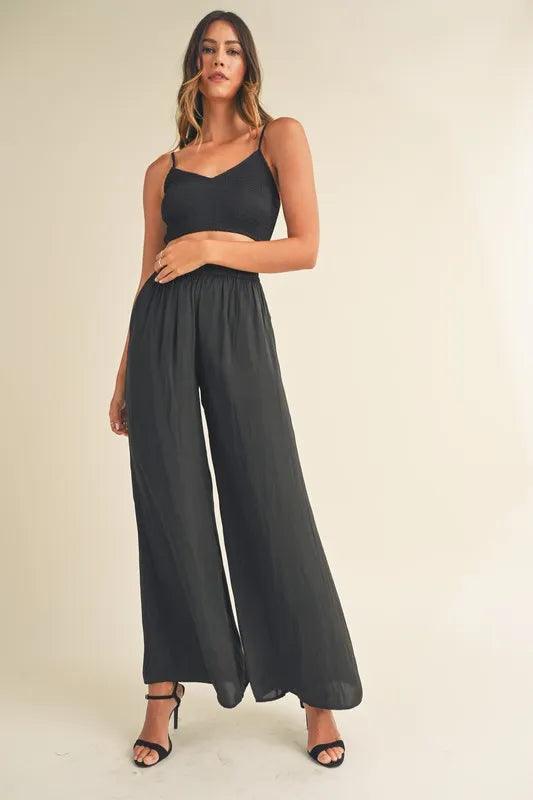 MABLE Smocked Bralette Crop Top and Wide Leg Pants Set - Brittney MADE