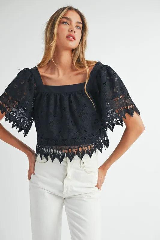MABLE Square Neck Crochet Lace Top With Double Bow Tie - Brittney MADE