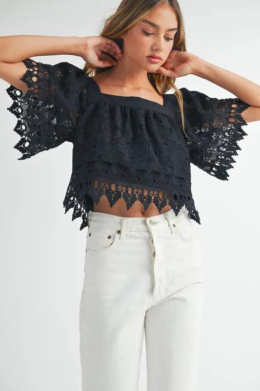 MABLE Square Neck Crochet Lace Top With Double Bow Tie - Brittney MADE
