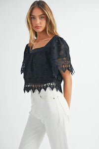 MABLE Square Neck Crochet Lace Top With Double Bow Tie - Brittney MADE