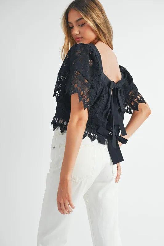 MABLE Square Neck Crochet Lace Top With Double Bow Tie - Brittney MADE