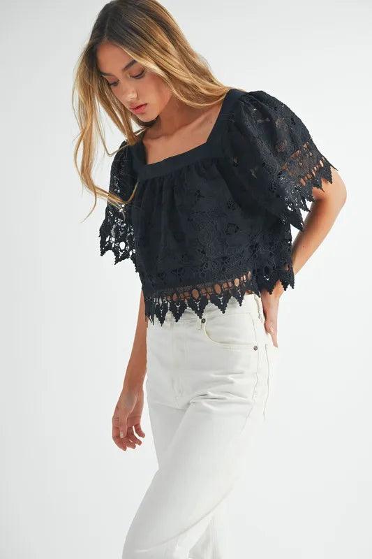 MABLE Square Neck Crochet Lace Top With Double Bow Tie - Brittney MADE