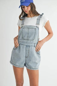 MABLE Square Neck Ruffle Shoulder Denim Overall Romper - Brittney MADE