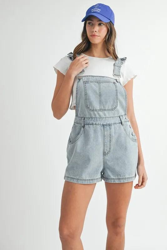 MABLE Square Neck Ruffle Shoulder Denim Overall Romper - Brittney MADE