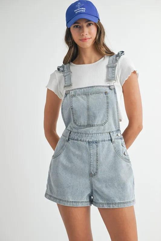 MABLE Square Neck Ruffle Shoulder Denim Overall Romper - Brittney MADE