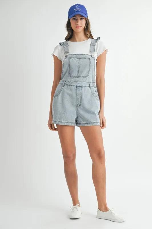 MABLE Square Neck Ruffle Shoulder Denim Overall Romper - Brittney MADE