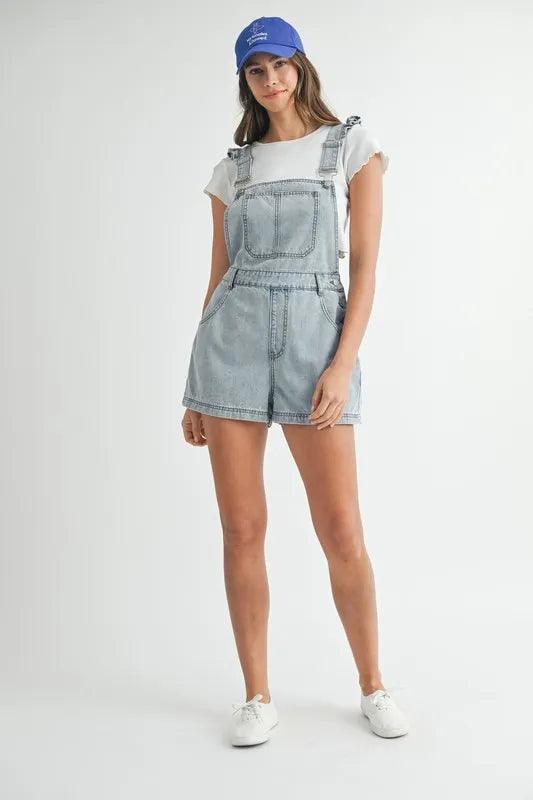 MABLE Square Neck Ruffle Shoulder Denim Overall Romper - Brittney MADE