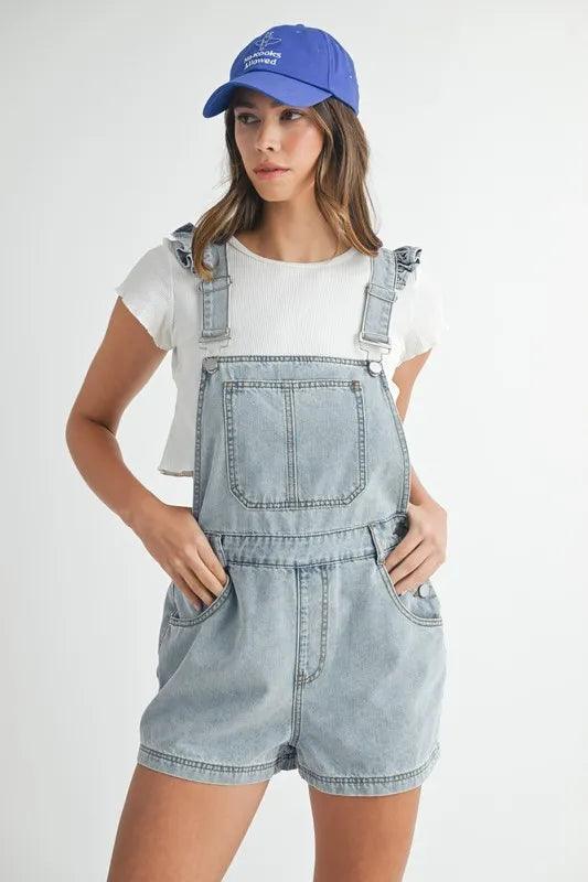 MABLE Square Neck Ruffle Shoulder Denim Overall Romper - Brittney MADE