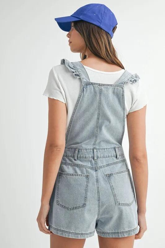 MABLE Square Neck Ruffle Shoulder Denim Overall Romper - Brittney MADE