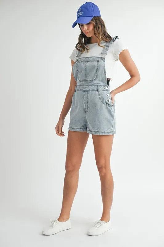 MABLE Square Neck Ruffle Shoulder Denim Overall Romper - Brittney MADE