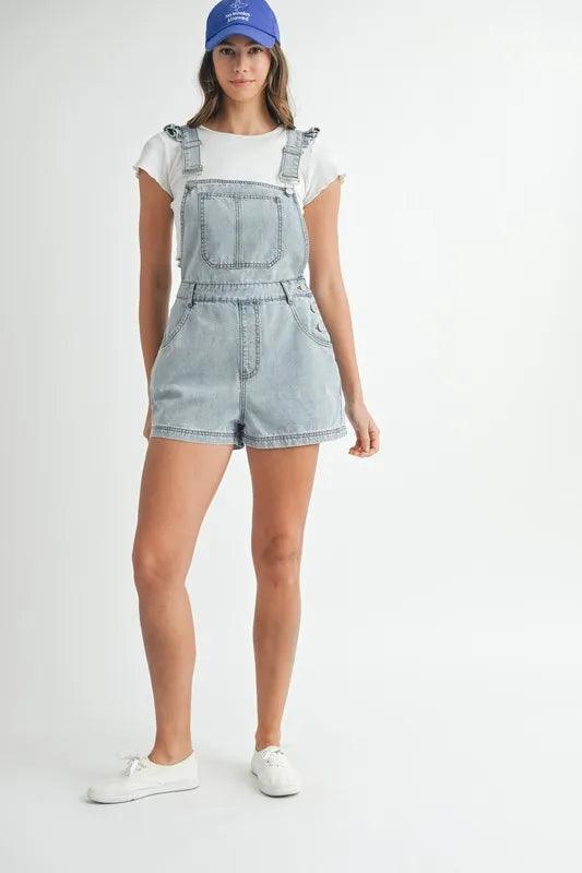 MABLE Square Neck Ruffle Shoulder Denim Overall Romper - Brittney MADE