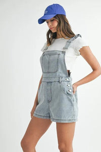 MABLE Square Neck Ruffle Shoulder Denim Overall Romper - Brittney MADE