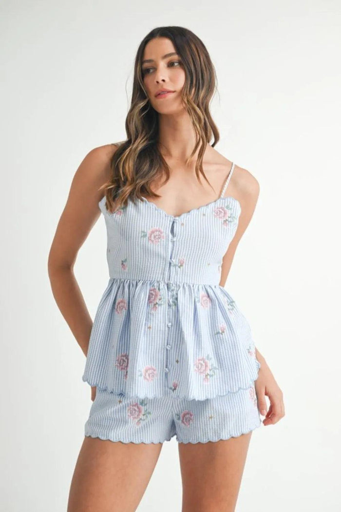 MABLE Stripe Embroidered Peplum Cami and Shorts Set - Brittney MADE