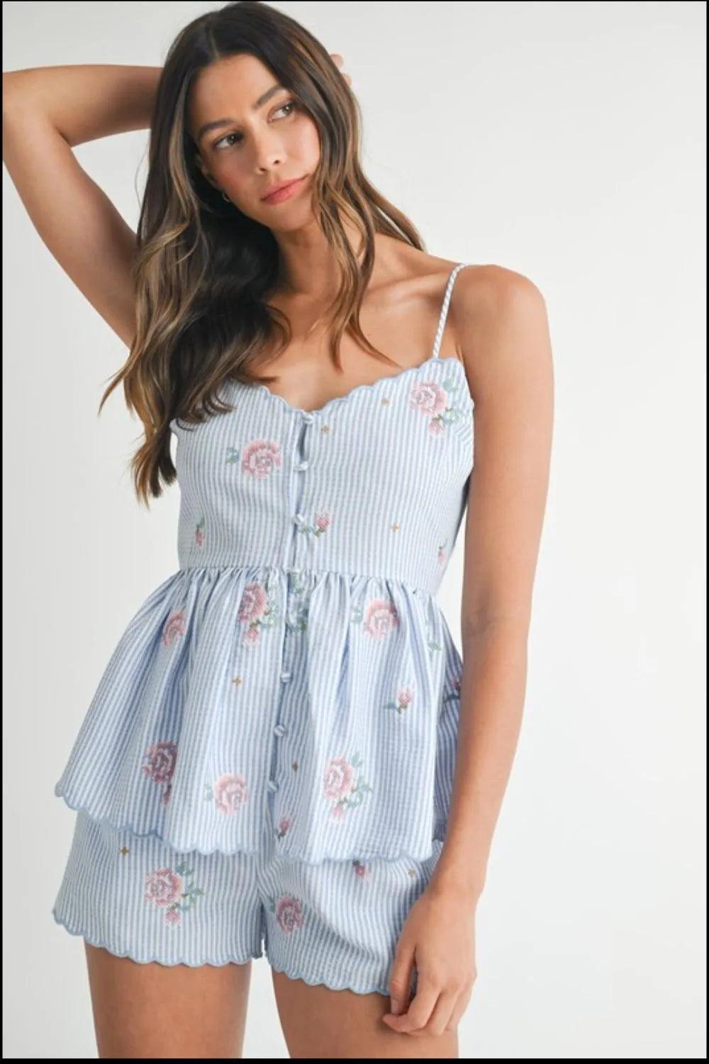 MABLE Stripe Embroidered Peplum Cami and Shorts Set - Brittney MADE