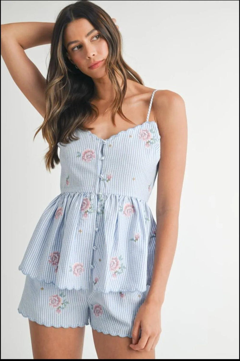 MABLE Stripe Embroidered Peplum Cami and Shorts Set - Brittney MADE