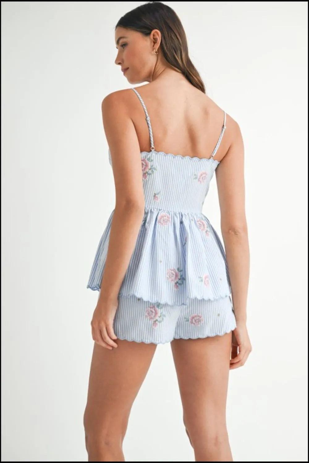 MABLE Stripe Embroidered Peplum Cami and Shorts Set - Brittney MADE