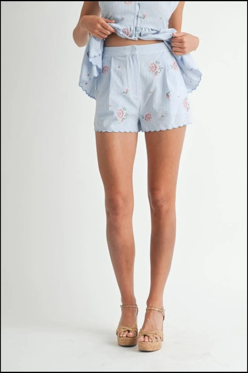 MABLE Stripe Embroidered Peplum Cami and Shorts Set - Brittney MADE