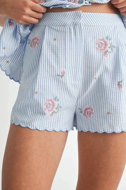 MABLE Stripe Embroidered Peplum Cami and Shorts Set - Brittney MADE