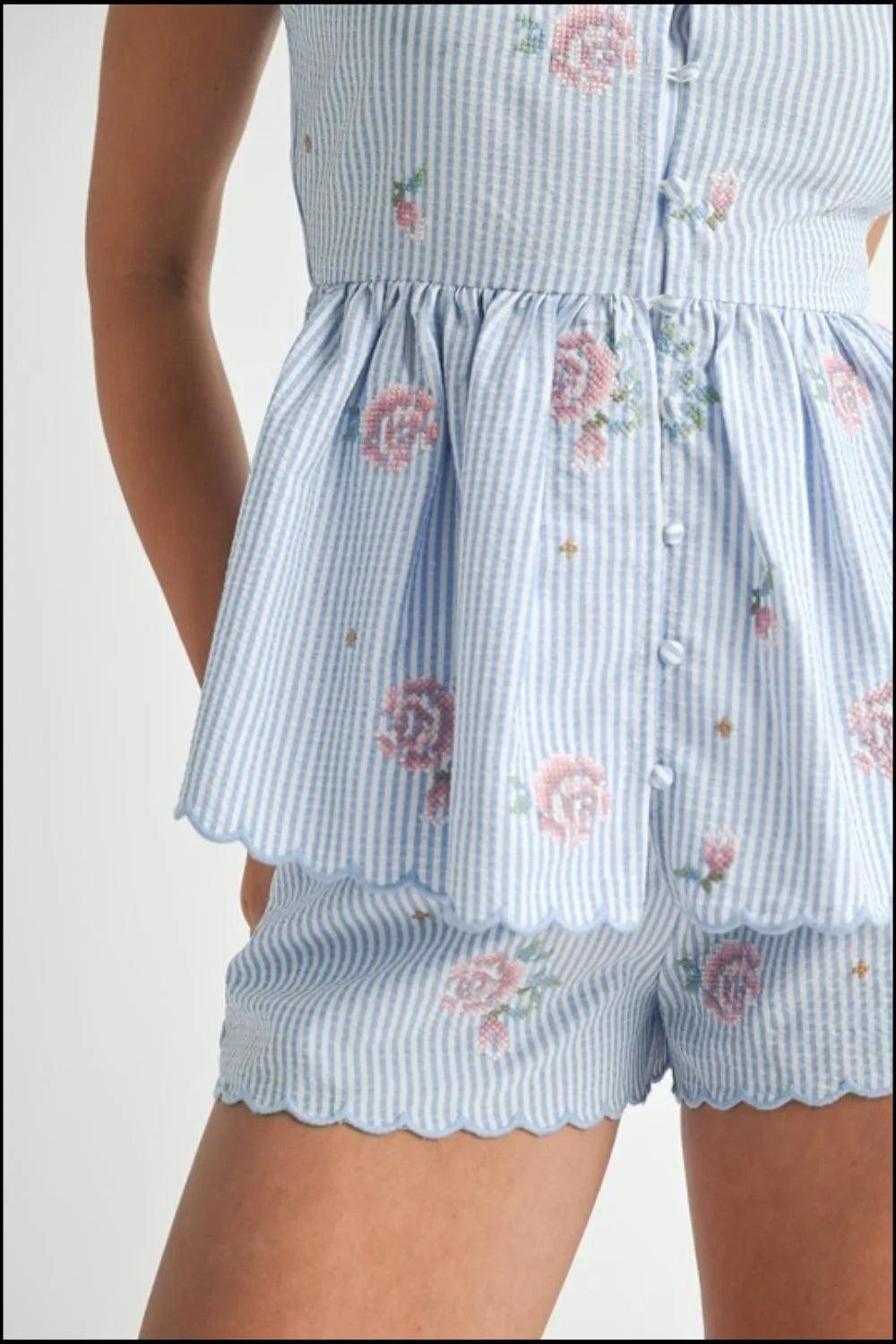 MABLE Stripe Embroidered Peplum Cami and Shorts Set - Brittney MADE