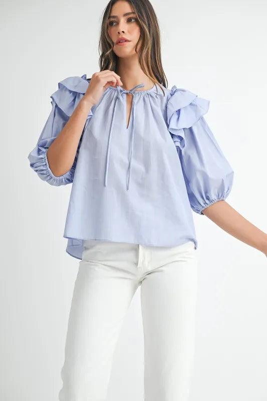 MABLE Stripe Ruffle Shoulder Puff Sleeve Blouse - Brittney MADE