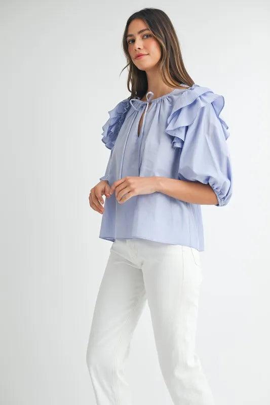 MABLE Stripe Ruffle Shoulder Puff Sleeve Blouse - Brittney MADE