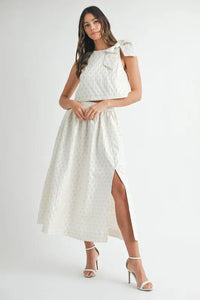 MABLE Taffeta Polka Dot Shoulder Ribbon Top and Skirt Set - Brittney MADE
