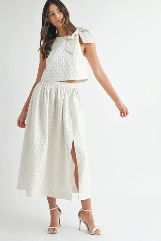 MABLE Taffeta Polka Dot Shoulder Ribbon Top and Skirt Set - Brittney MADE