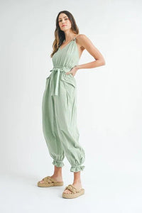 MABLE Washed Fabric Spaghetti Strap Waist Belted Jumpsuit - Brittney MADE