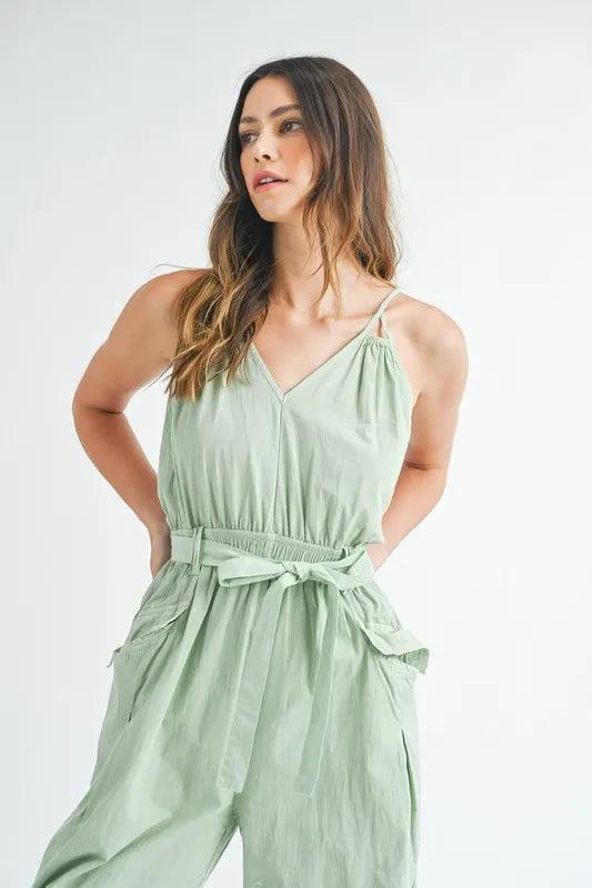 MABLE Washed Fabric Spaghetti Strap Waist Belted Jumpsuit - Brittney MADE
