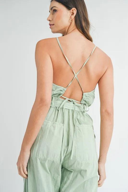 MABLE Washed Fabric Spaghetti Strap Waist Belted Jumpsuit - Brittney MADE