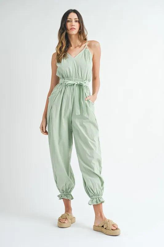 MABLE Washed Fabric Spaghetti Strap Waist Belted Jumpsuit - Brittney MADE